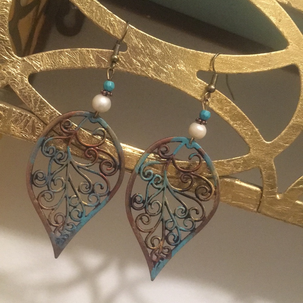 Copper Turquoise Large Lightweight Leaf Earrings - image 6